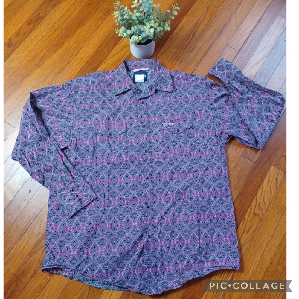 Wrangler Pink Geometric Pattern Western LS Shirt Sz L